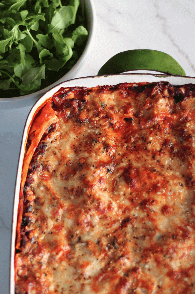 nduja, 3 cheese and kale lasagne baked with side salad