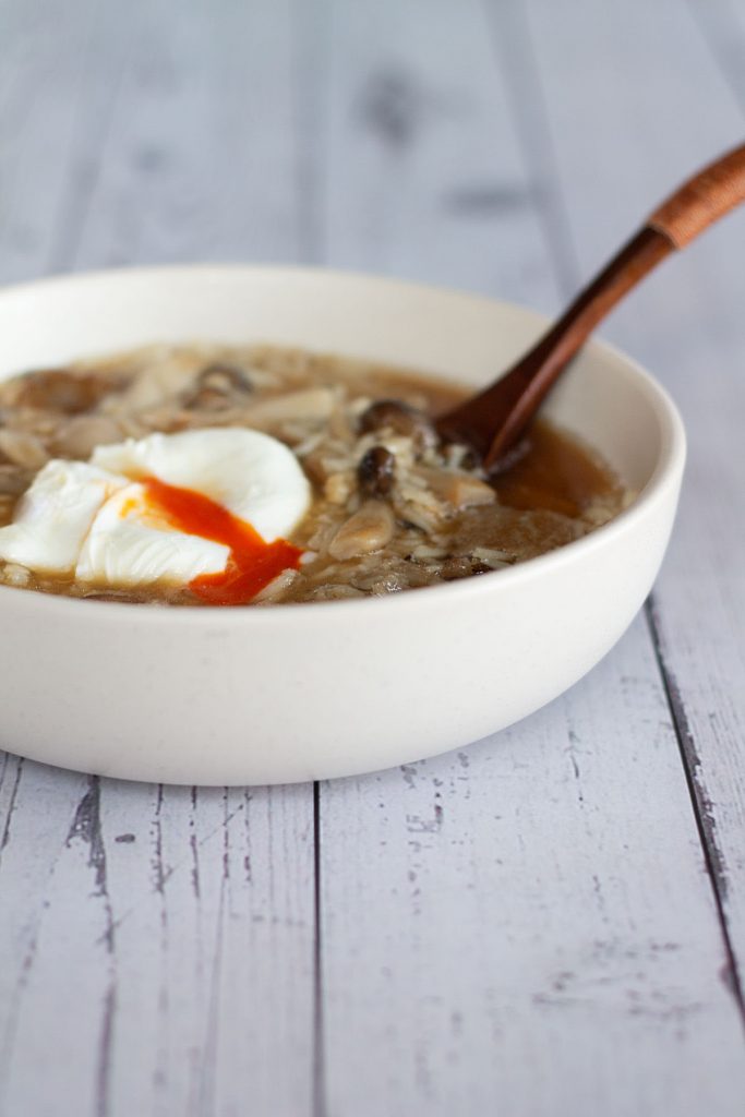A bowl of mushroom and wild rice soup