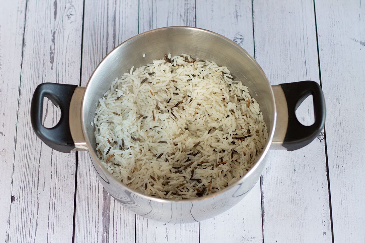 cooked wild rice in a pan