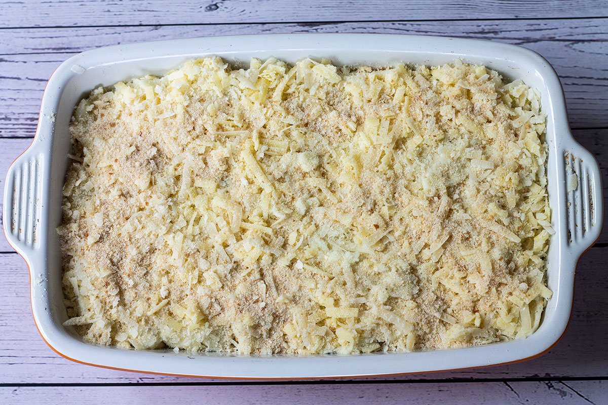 fish pie assembled and ready to be baked
