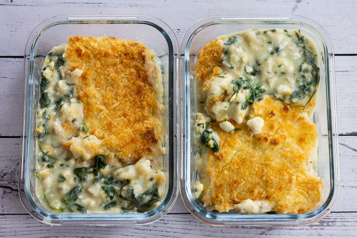 fish pie in containers ready to be frozen