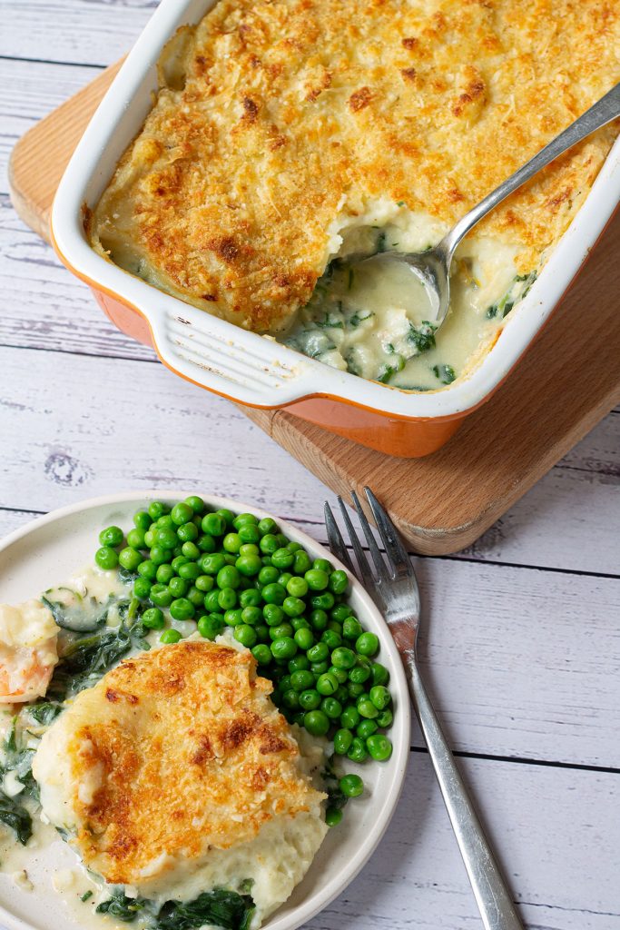 fish pie with spinach plated and served
