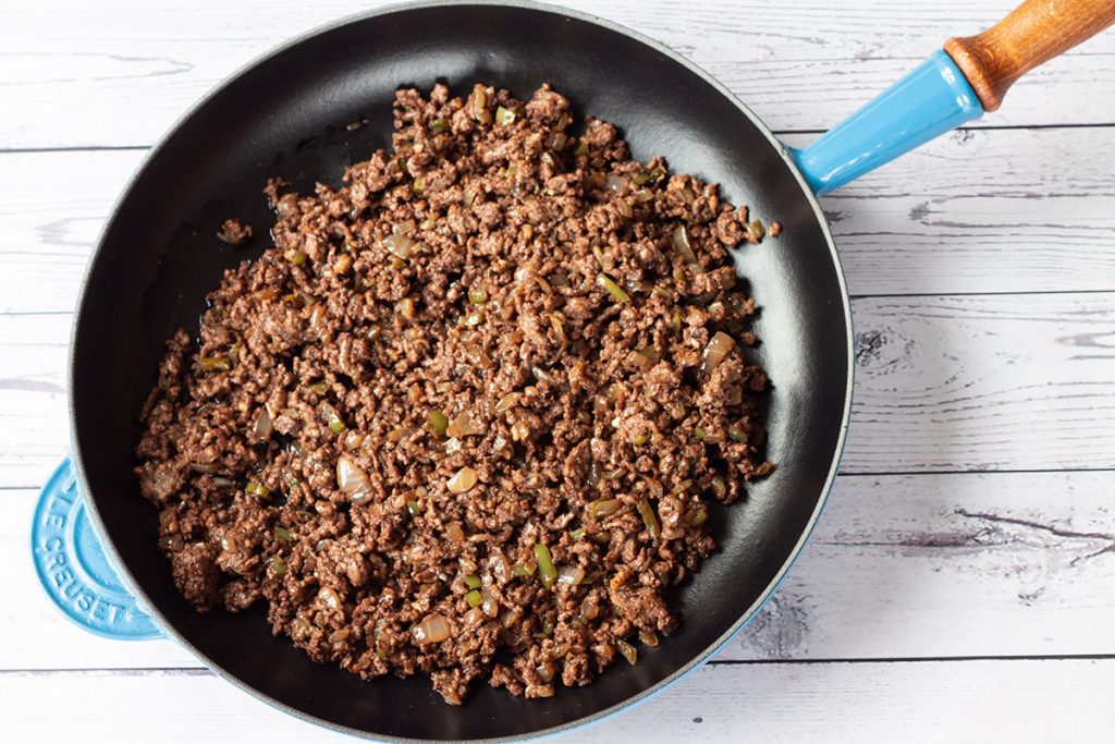 browned lamb mince in a pan