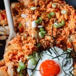 chicken kimchi fried rice in a pan