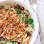 dukkah crusted chicken with pomegranate tabouleh
