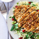 dukkah crusted chicken with pomegranate tabouleh