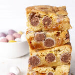 A stack of Mini Egg cookie bars.