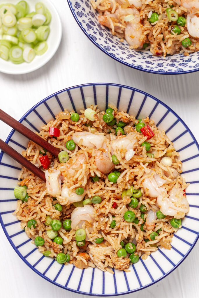 A serving of Quick Egg Fried Rice with Prawns