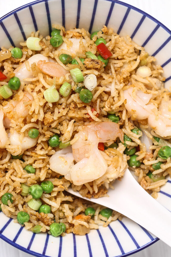 A bowl of Quick Egg Fried Rice with Prawns