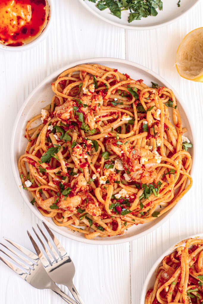 A serving of Spicy Prawn Pasta