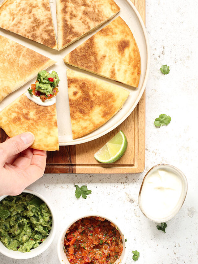 Cheese quesadillas with guacamole and salsa