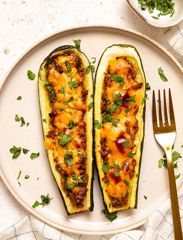A serving of Easy Stuffed Courgettes with lamb mince