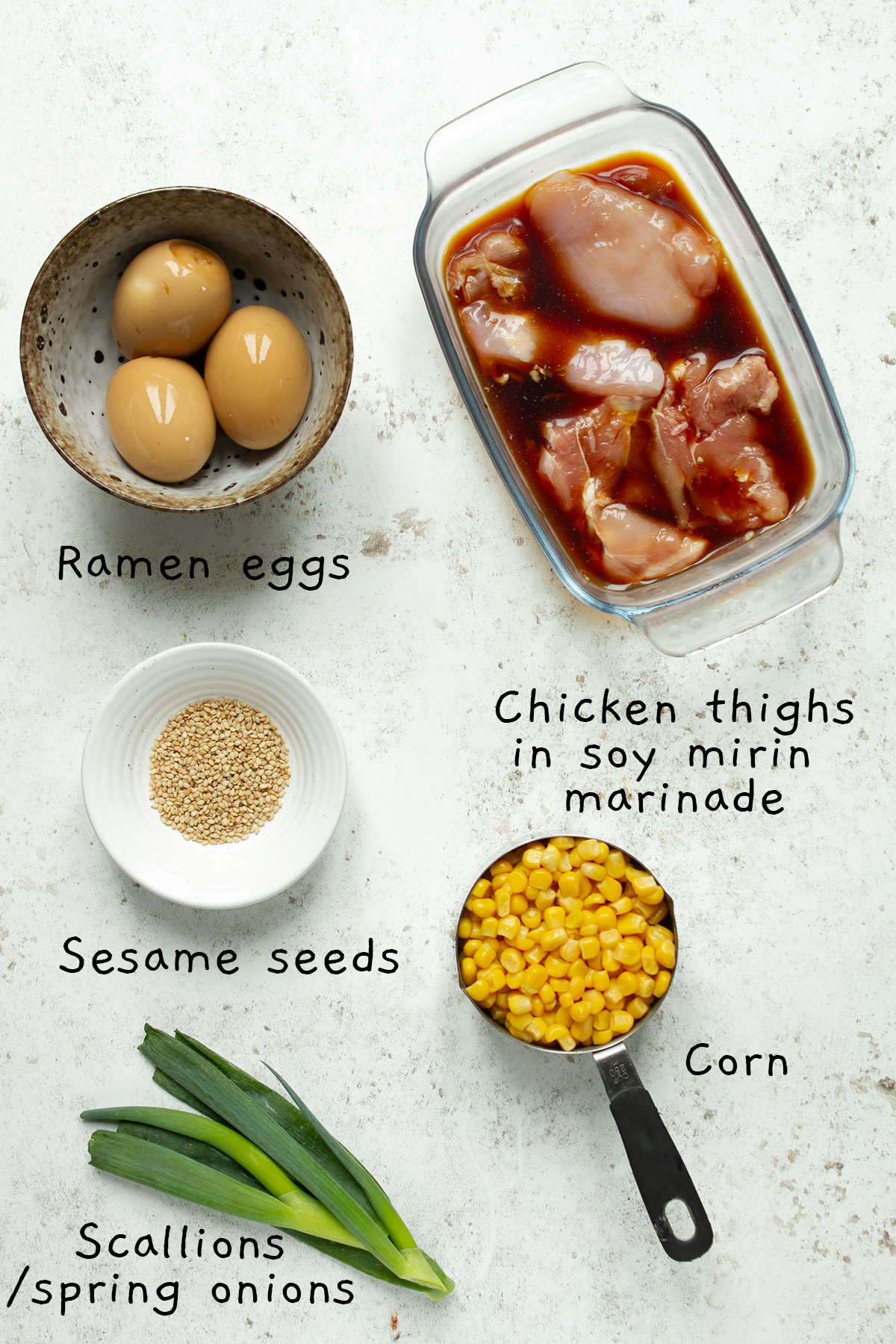 Ramen topping ingredients on a white background.
