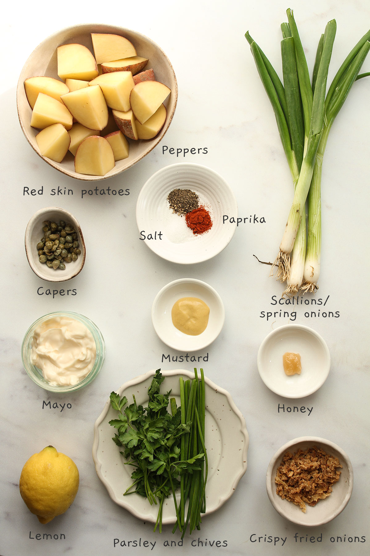 All recipe ingredients laid out on a white background