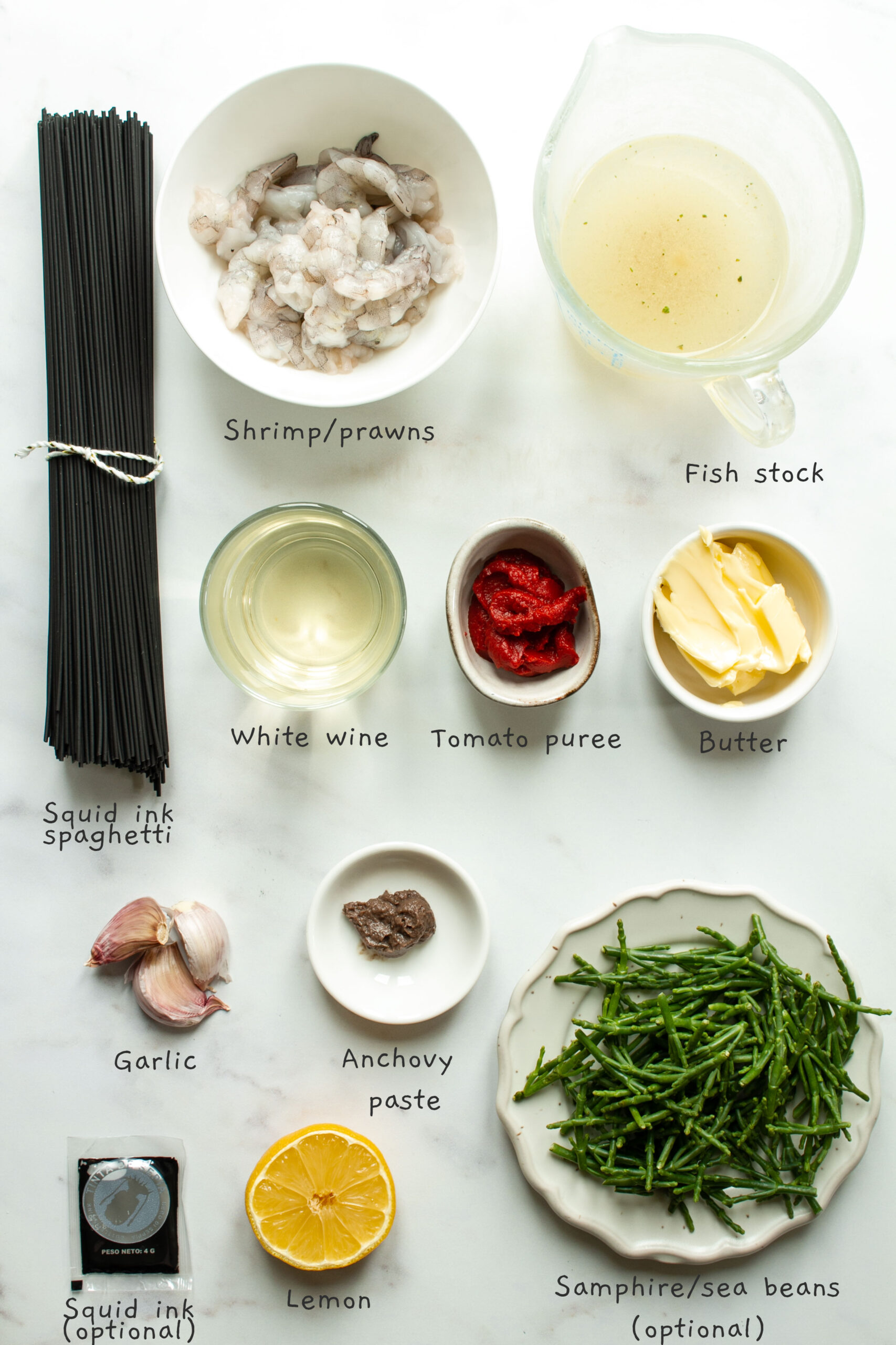 Recipe ingredients laid out on a white background.