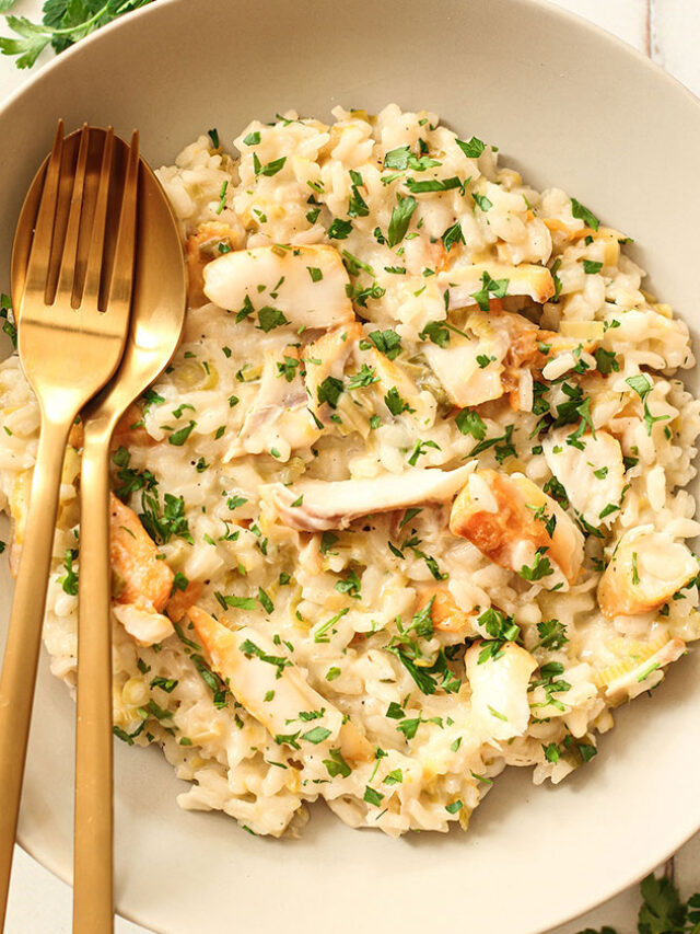Smoked Haddock Risotto served on a cream coloured plate.