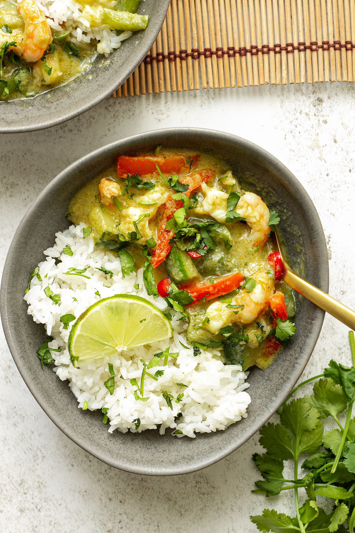 A grey bowl of curry, rice and a slice of lime and cilantro on a white background.