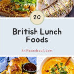A collage of British lunch foods including sandwiches, soup and pastries.