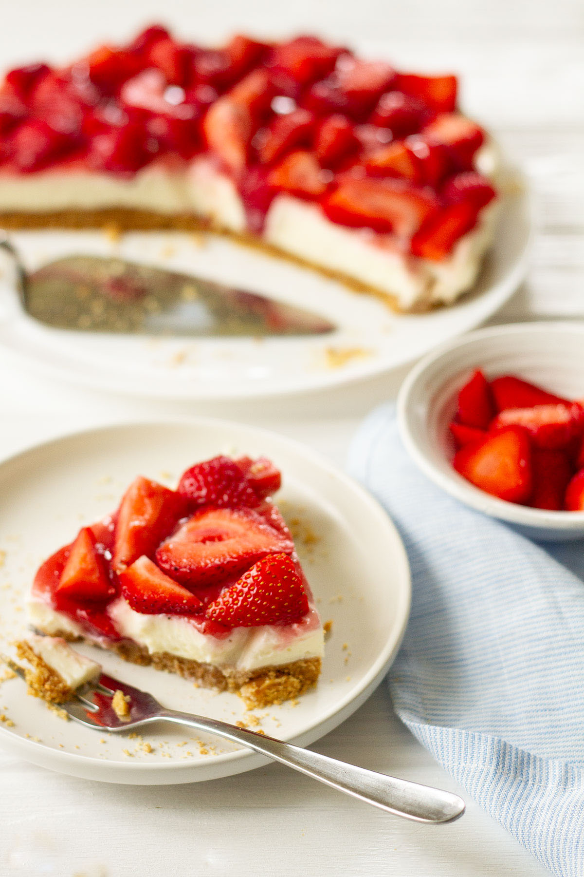 No Bake Strawberry Cheesecake served on a white plate.