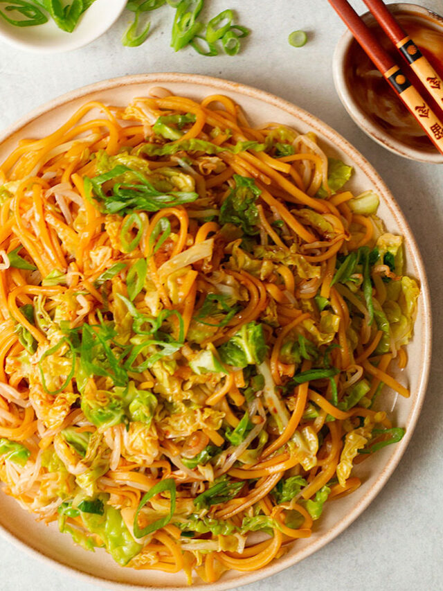 Close up photo of Plain Chow Mein Noodles topped with extra scallions, served on a white plate.