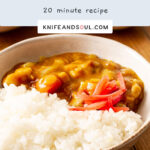 A serving of Japanese Curry with chicken, topped with pickled red ginger.