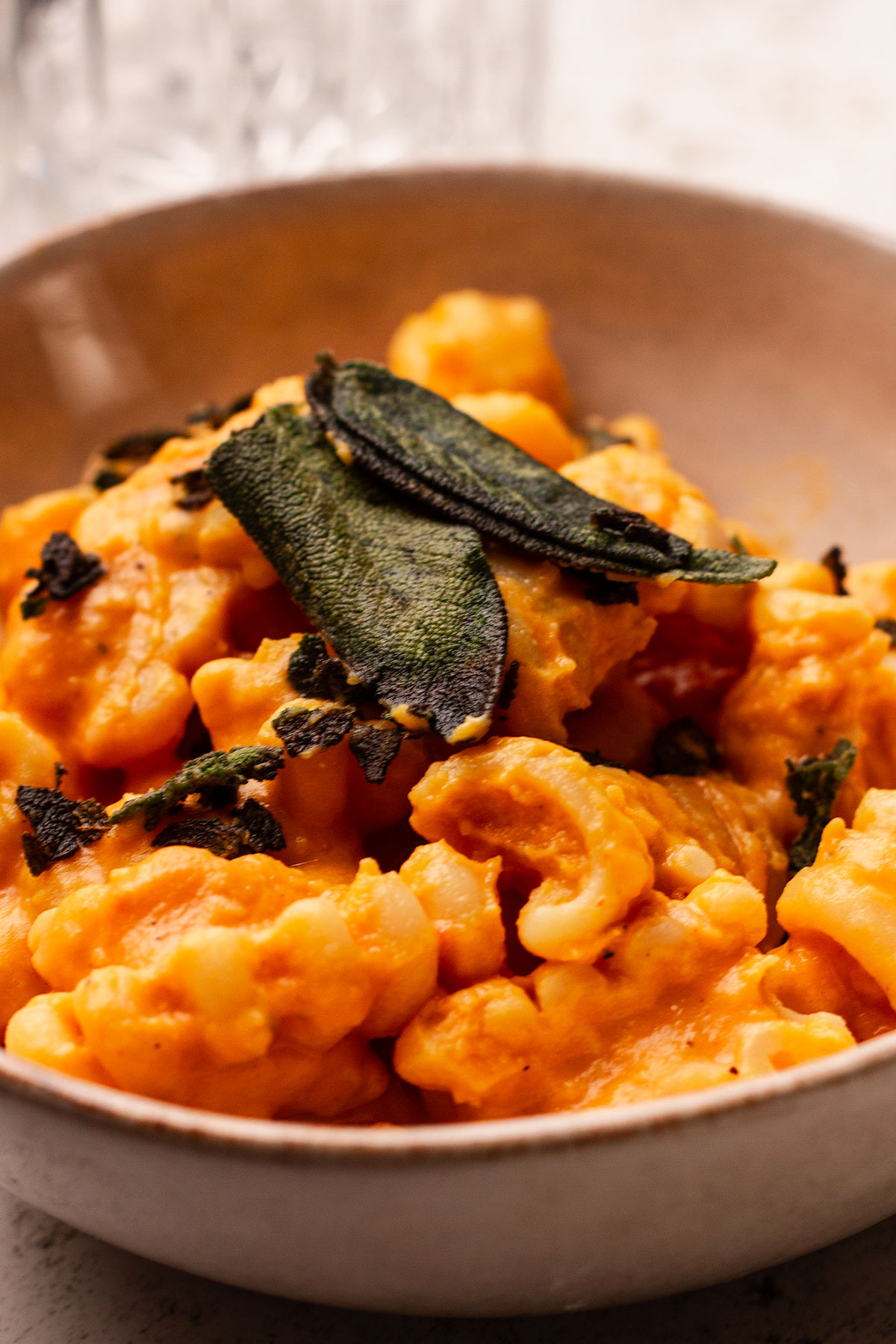 Close up photograph of a bowl of Roast Pumpkin Pasta topped with crispy sage leaves.