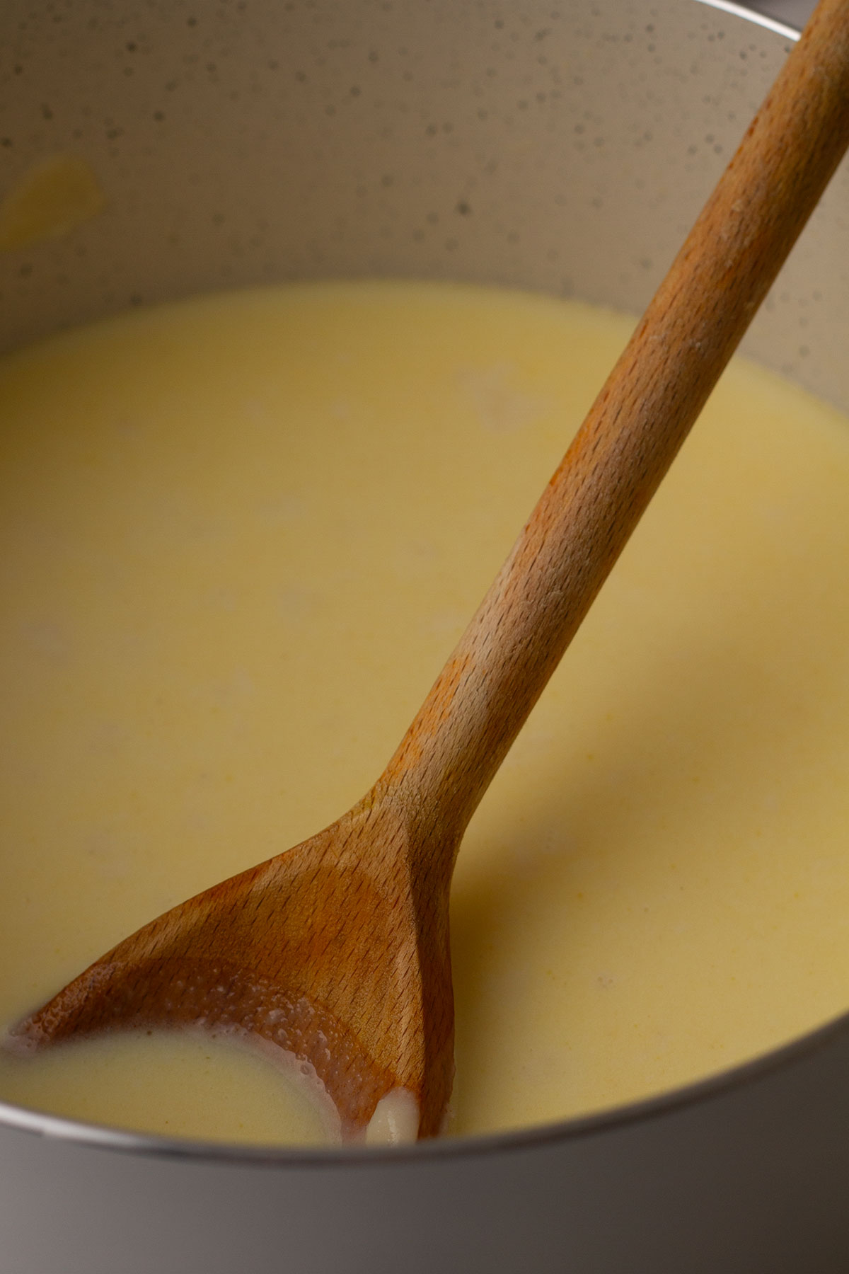 Gradually adding the milk while stirring constantly with a wooden spoon the sauce is velvety and thick.