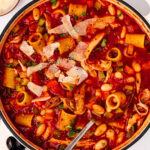 Close up of a serving of Chicken Minestrone soup.