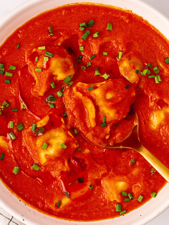 Close up of a serving of spicy tortellini soup. In a white bowl on a white background.